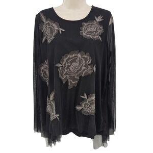 LOGO Lavish Shirt Womens XL Black Floral Tunic‎ Sheer Whimsigoth Dark Fairy
